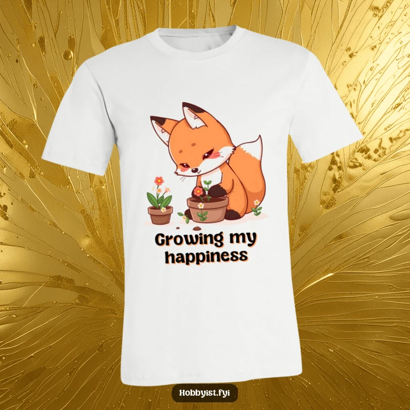 Funny T-Shirt featuring a determined kawaii fox meticulously tending a small pot of blooming flowers, highlighting a love for nature.