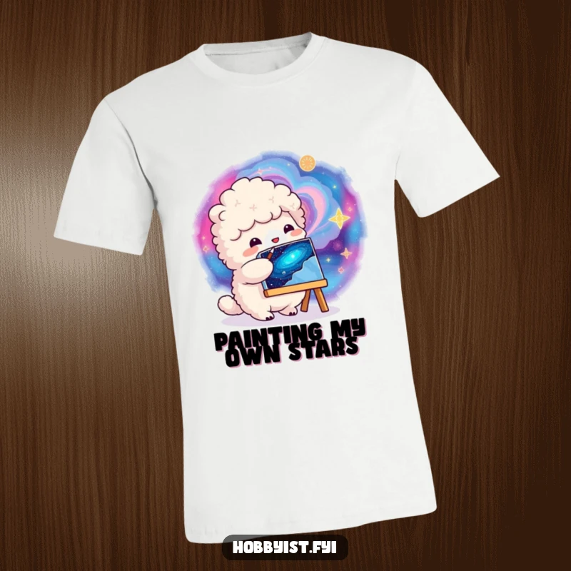 Funny fluffy creature painting a vibrant swirling galaxy on a small canvas, printed on a comfortable t-shirt.