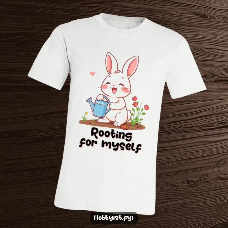 Funny gardening rabbit t-shirt showcasing a happy bunny with a small watering can, symbolizing a love for gardening and lighthearted fun.