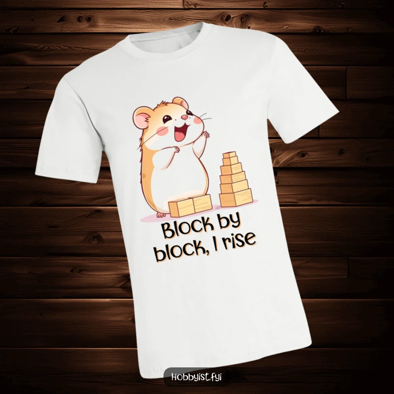 Funny Hamster T-Shirt: A delighted hamster happily builds a towering structure of tiny wooden blocks, demonstrating construction skills, a wonderful funny gift.