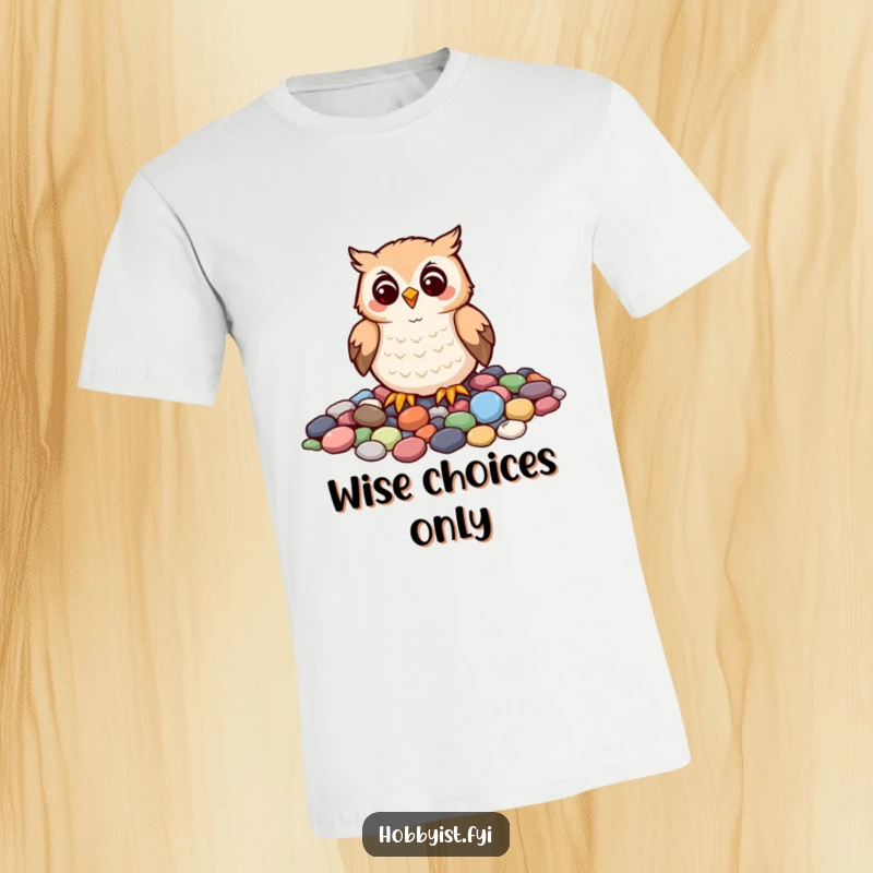 Funny t-shirt with a cheerful owl carefully arranging colorful pebbles into a mosaic, celebrating creativity and patience.