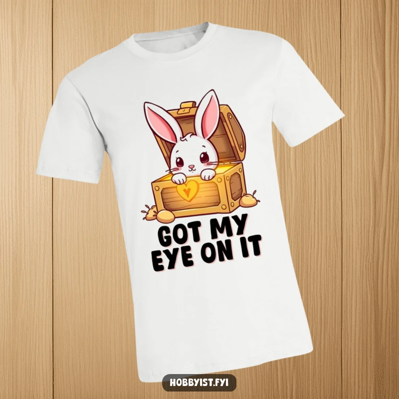 Funny Rabbit character looking curiously into a magical, glowing treasure chest, capturing a moment of pure surprise.