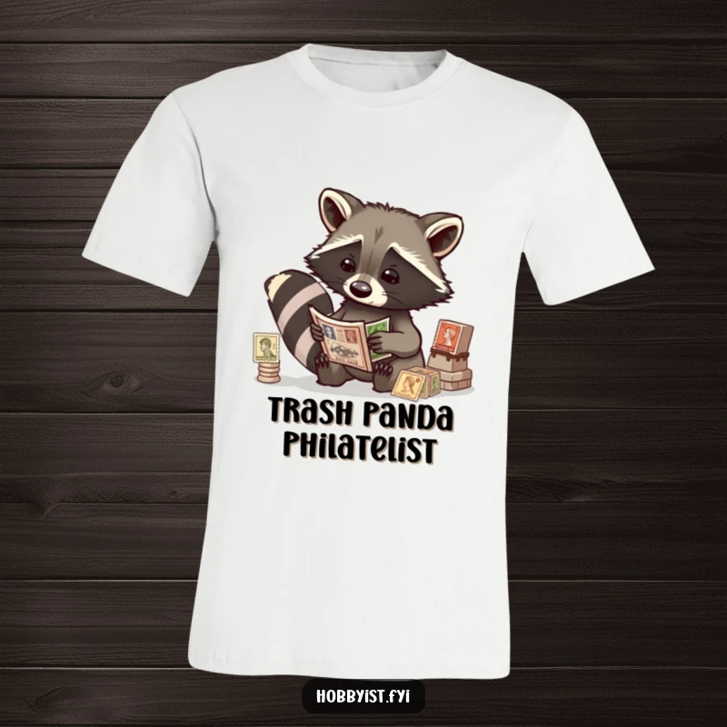 Funny raccoon examining vintage stamps with intrigue, printed on a comfortable graphic t-shirt, a treasure hunter's delight.