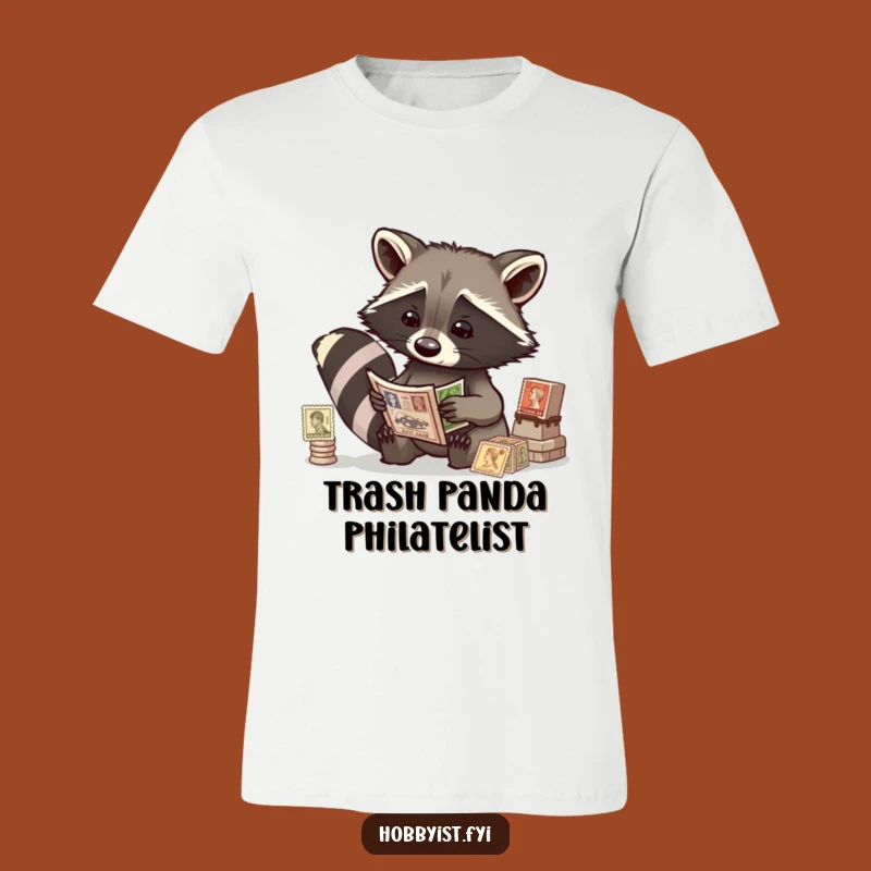 Funny Raccoon Stamp Collector Tee - Unique Graphic Shirt for Hobbyists