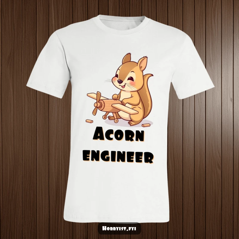 Funny T-Shirt with a happy squirrel meticulously assembling a small wooden model airplane, showcasing dedication to detail and creative hobbies.