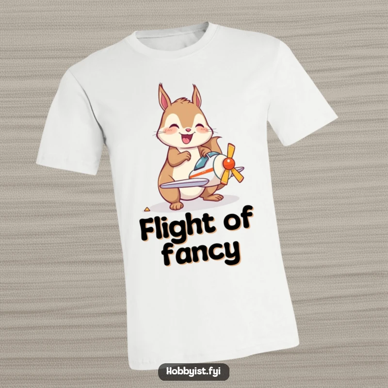 Funny T-Shirt featuring a joyful kawaii squirrel happily assembling a miniature model airplane, celebrating the joy of creation.
