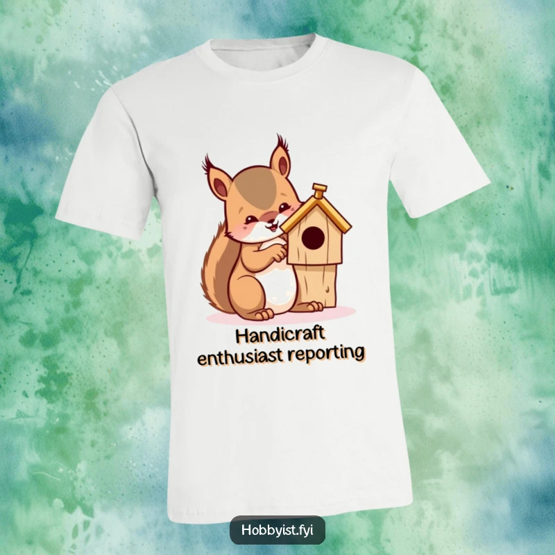 Funny t-shirt print of a squirrel intensely whittling a small birdhouse, highlighting its dedication to a tiny creative project.