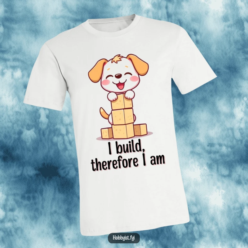 Funny dog block tower t-shirt depicting a happy dog focused on constructing a shaky tower of colorful wooden blocks, embodying playful fun.