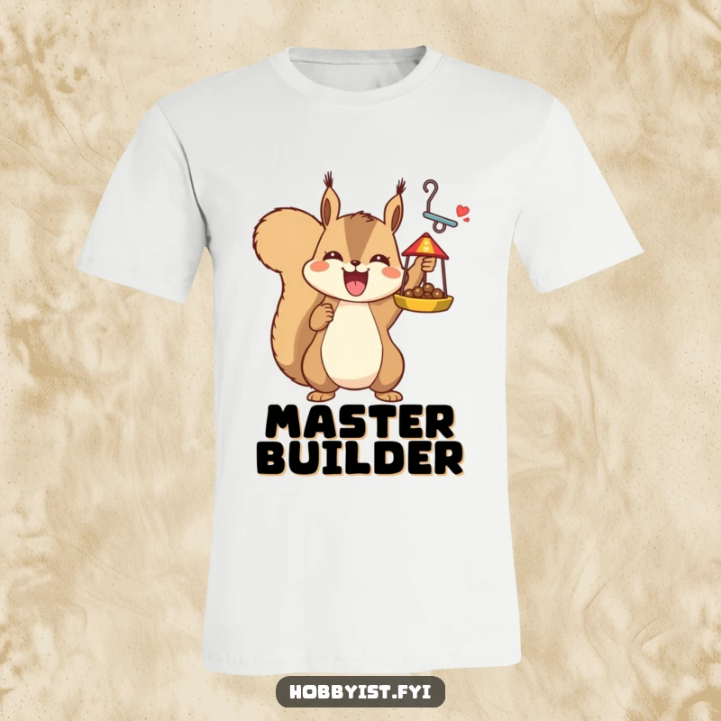 Funny joyful squirrel proudly holding a detailed bird feeder, on a t-shirt, a humorous and celebratory gift.