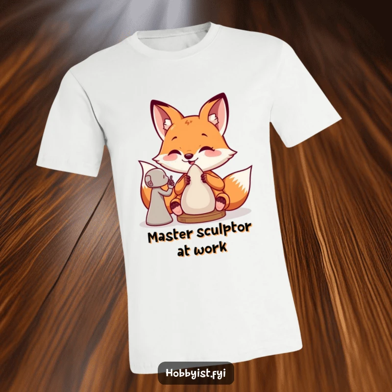 Funny t-shirt showcasing a giddy fox happily sculpting a clay figure, highlighting artistic passion and a love for humor.