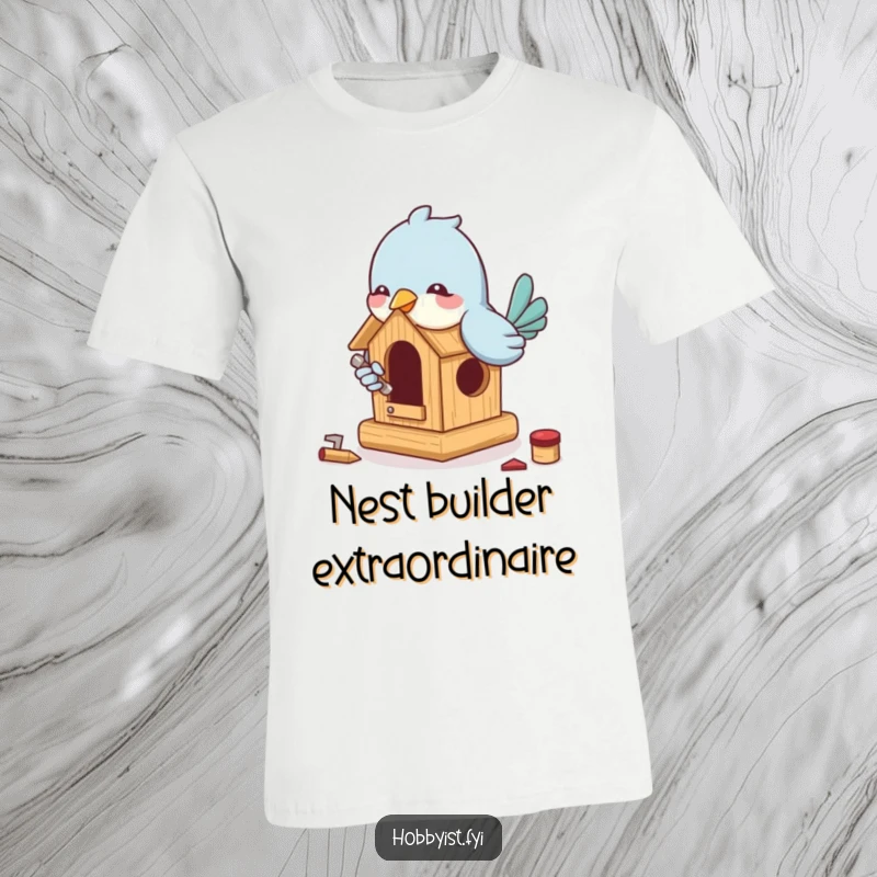 Funny Bird Carpenter T-Shirt: A playful bird enthusiastically builds a miniature birdhouse with tiny tools, perfect for showing off building skills humorously.