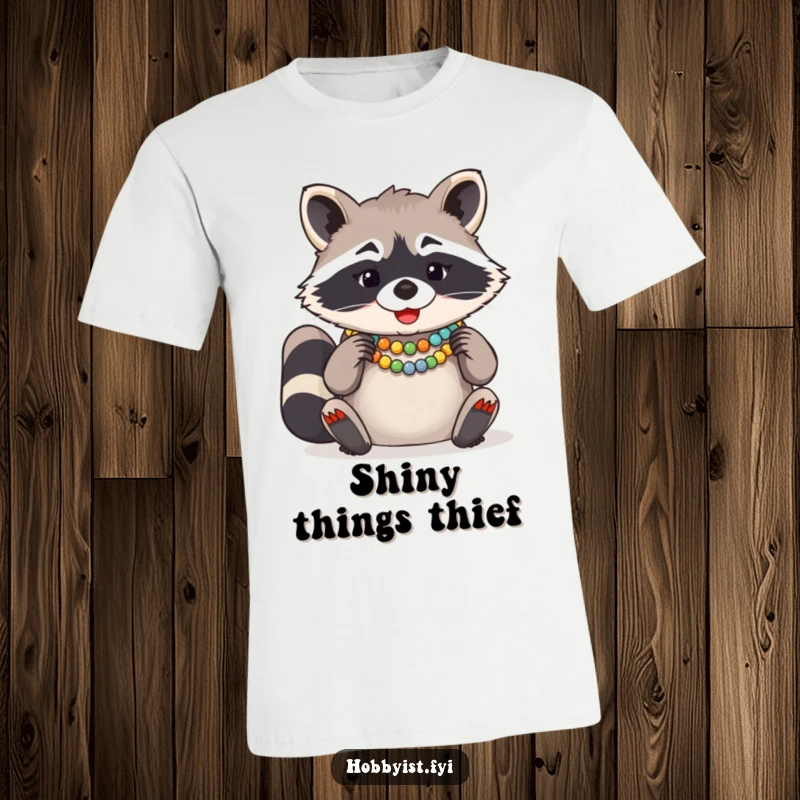Funny Raccoon Bead Necklace T-Shirt, a giggling raccoon creating a colorful beaded necklace with intense focus and joy.