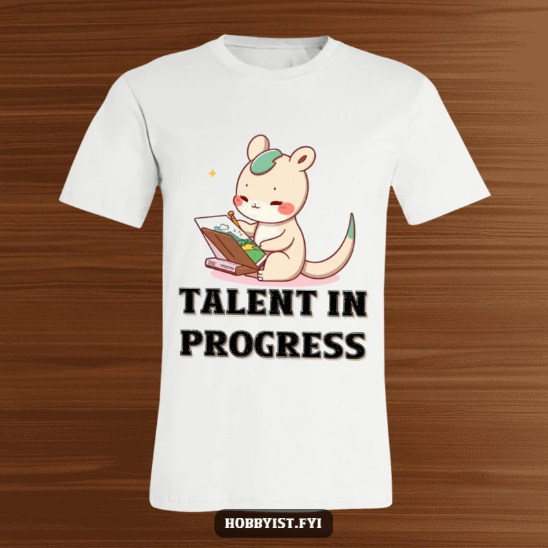Funny t-shirt showcasing a delighted long-tailed creature engrossed in sketching a whimsical landscape in its notebook, full of joy