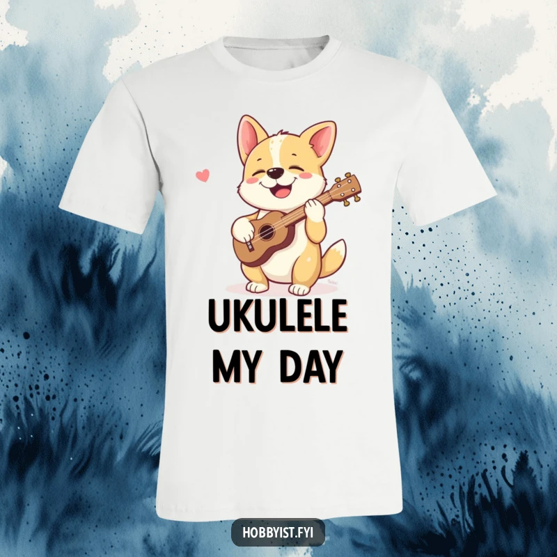 Funny t-shirt showing a giggling dog joyfully strumming a tiny ukulele, celebrating canine happiness and musical talent.