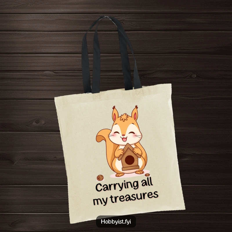 Funny tote bag showcasing a cheerful squirrel engrossed in building a miniature birdhouse, highlighting its creative endeavor.