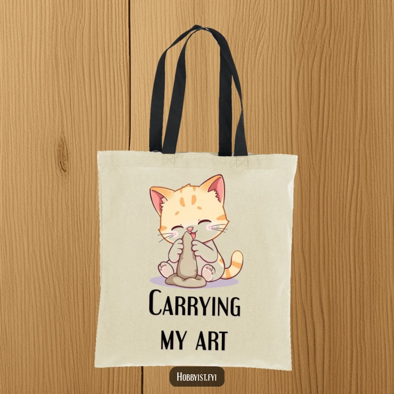 Funny cat sculpting tote bag showing a playful cat working with clay, perfect for carrying items with artistic feline humor.