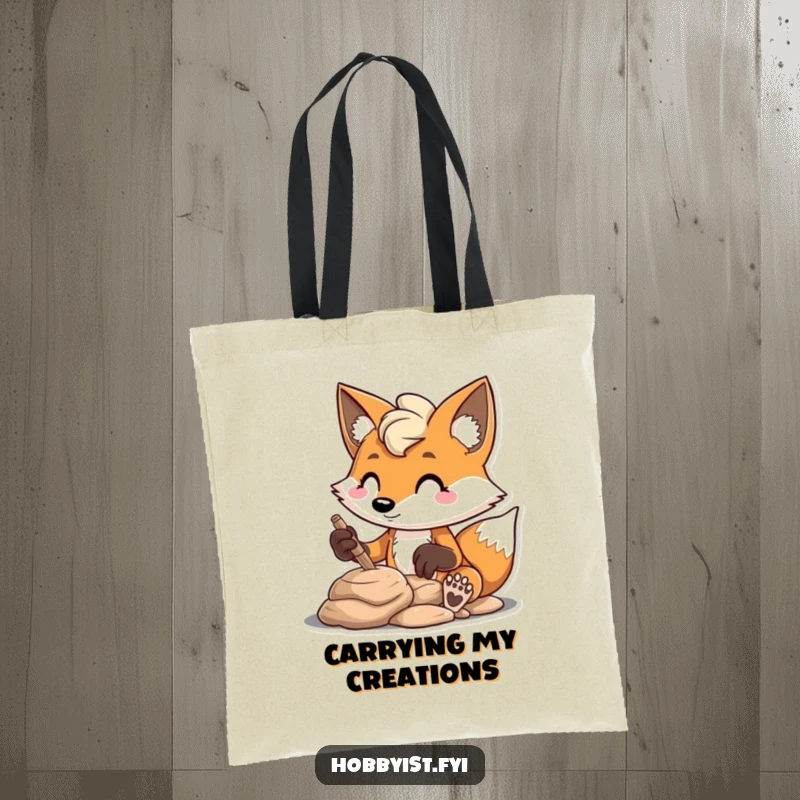 Funny mischievous fox sculpting clay with focus, on a tote bag, a humorous and practical gift.