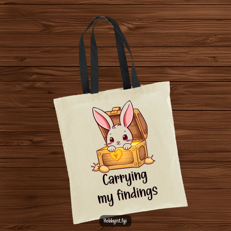 Funny Rabbit gazing into a mysterious, luminous treasure chest, symbolizing adventure and curiosity on a practical tote bag.
