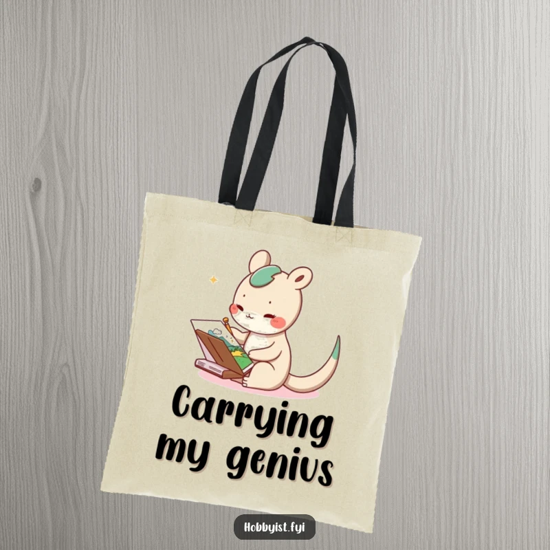 Funny tote bag with a delighted long-tailed creature happily sketching a whimsical landscape in a notebook, showcasing artistic flair