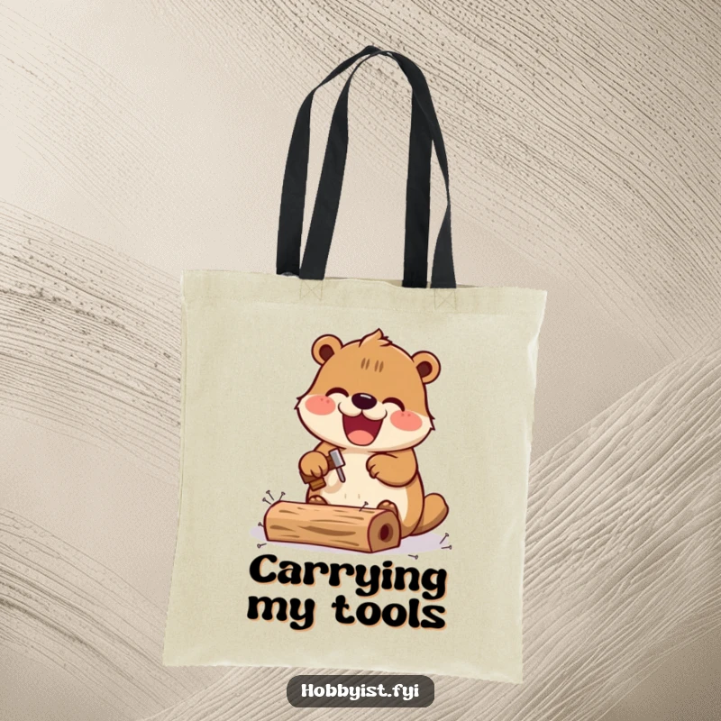 Funny Kawaii beaver tote bag, showing an excited beaver hammering tiny nails into a miniature wooden structure, perfect for crafters.