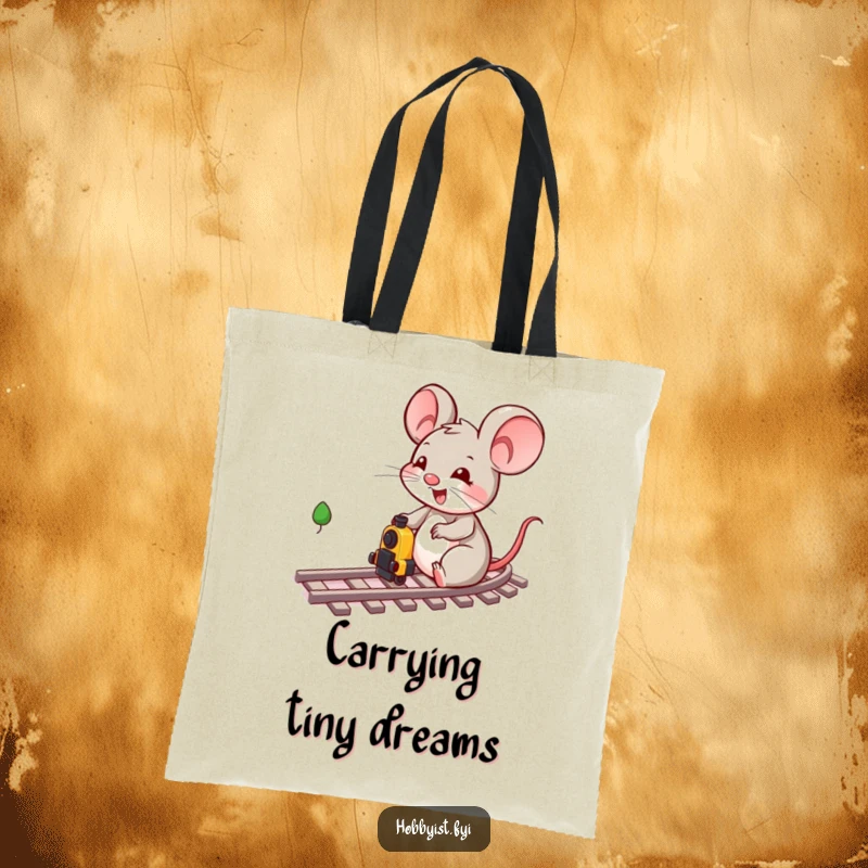 Funny and cheerful mouse character operating a miniature train track setup with great enthusiasm on this reusable tote bag.