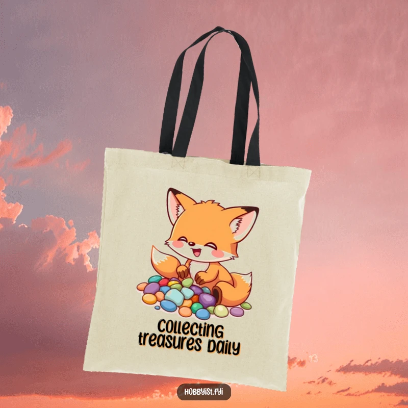 Funny Fox Tote Bag: A little fox excitedly arranges colorful pebbles into a mosaic, perfect for carrying art supplies with a funny flair.