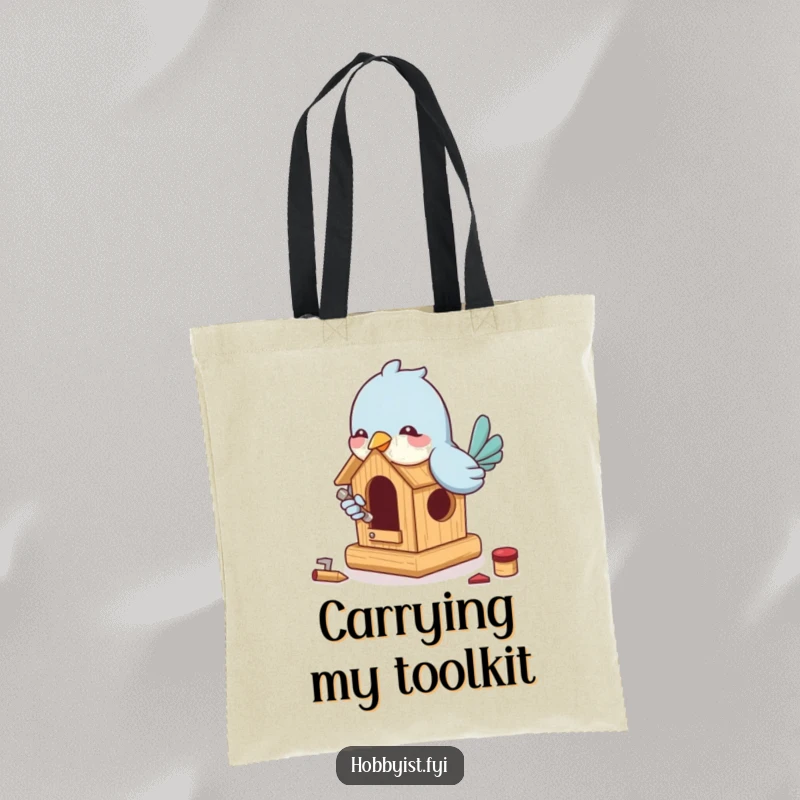 Funny Bird Builder Tote Bag: A playful bird enthusiastically builds a miniature birdhouse with tiny tools, perfect for carrying tools humorously.
