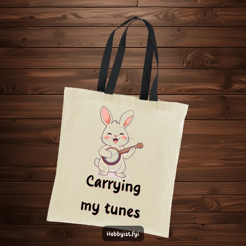 Funny tote bag showcasing a happy bunny energetically playing a small banjo, perfect for carrying essentials with a smile.
