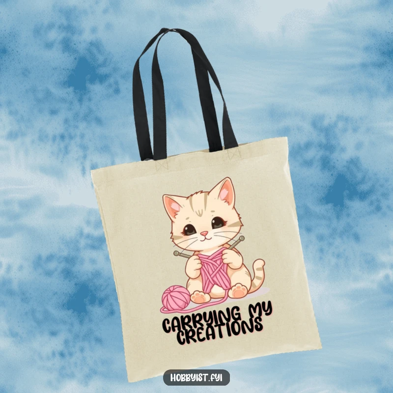 Funny reusable tote bag featuring a curious cat with knitting needles and yarn, a ball of wool bouncing, ideal for crafters.