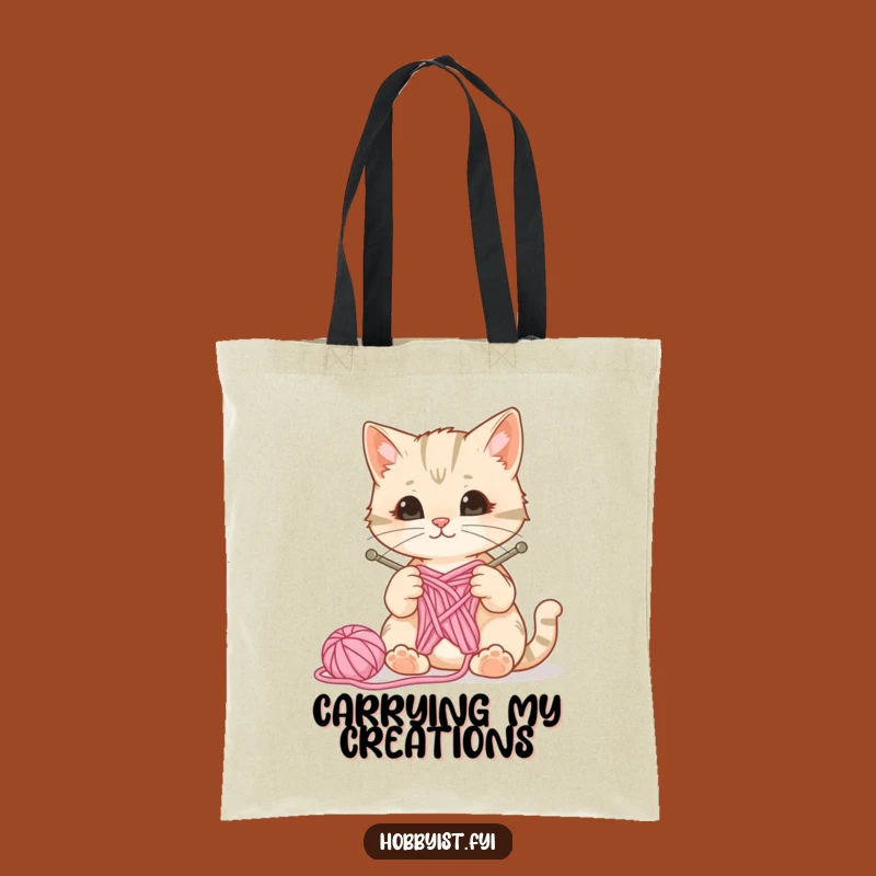Funny Cat Yarn Tote Bag - Curious Knitter Feline, Craft Project Bag, Gift For Knitters
