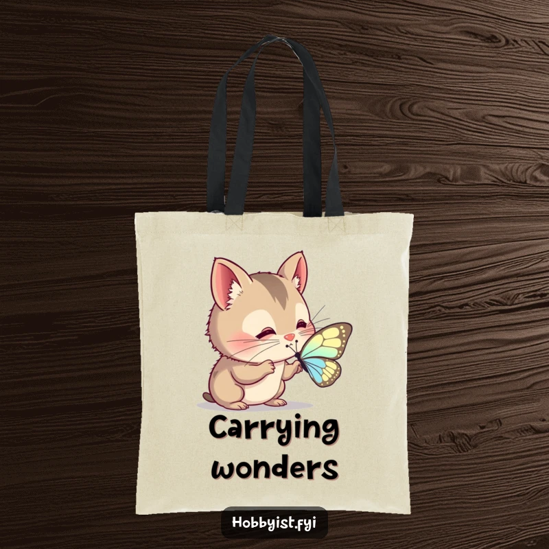 Funny Tote Bag: A curious creature with twitching whiskers intently examines a delicate butterfly wing, perfect for nature explorers.