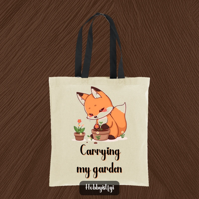 Funny Tote Bag showcasing a determined kawaii fox meticulously tending a miniature pot of blooming flowers, ideal for carrying garden tools.