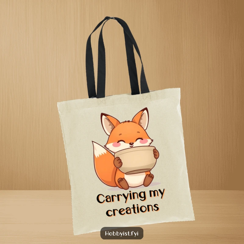 Funny tote bag with a happy fox proudly showcasing a handmade ceramic pot, great for carrying art materials.