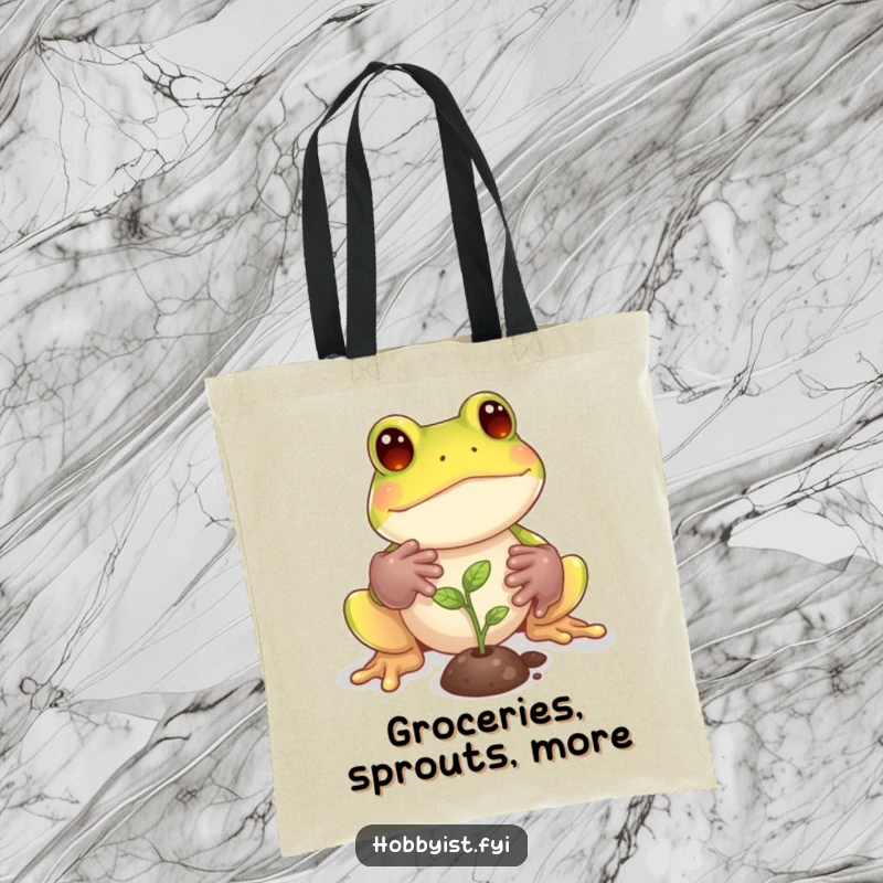 Funny Frog Tote Bag: A playful frog with tiny gardening gloves tends to a miniature sprout, perfect for carrying garden tools with a funny twist.