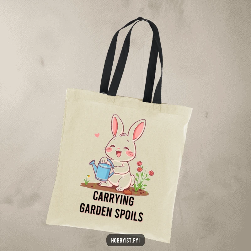Funny gardening rabbit tote bag showcasing a cheerful bunny holding a watering can, perfect for carrying groceries or garden supplies humorously.