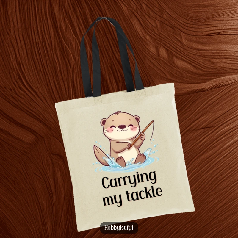 Funny kawaii otter tote bag, featuring an otter splashing enthusiastically with a diminutive fishing rod, celebrating aquatic fun.