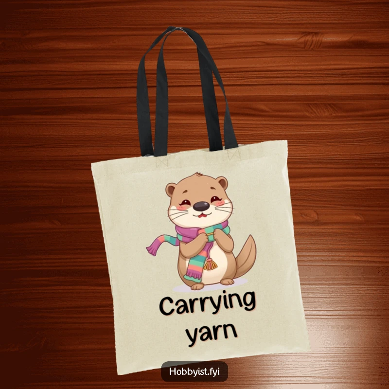Funny Knitting Otter Tote Bag, a cheerful otter intently knitting a long, colorful scarf, perfect for carrying supplies.