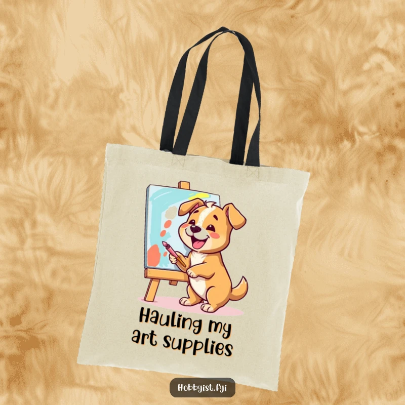Funny Dog Artist Tote Bag: A cheerful dog joyfully paints a vibrant canvas with broad strokes, perfect for carrying art supplies humorously.