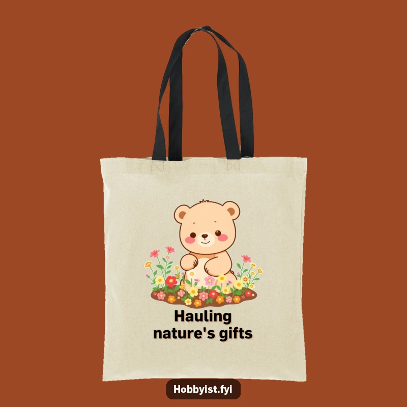 Funny Kawaii Bear Tote Bag: Happy Gardener, Blooming Blooms Gift