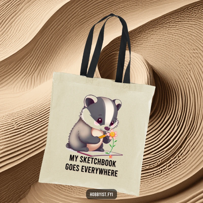 Funny Tote Bag: A focused badger artist sketches a flower, making it a charming and practical accessory for art lovers.