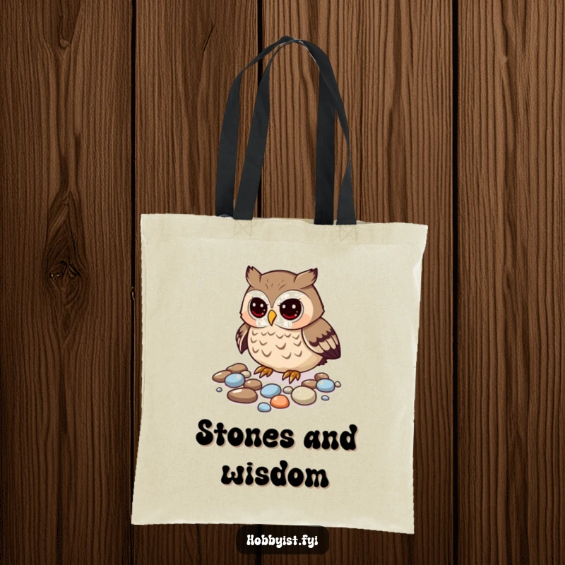 Funny owl tote bag showcasing a curious owl meticulously arranging shiny pebbles, perfect for collectors.